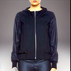 HELMUT LANG 🇺🇸 Black Leather Mix Moto Stretch Hooded Bomber Jacket